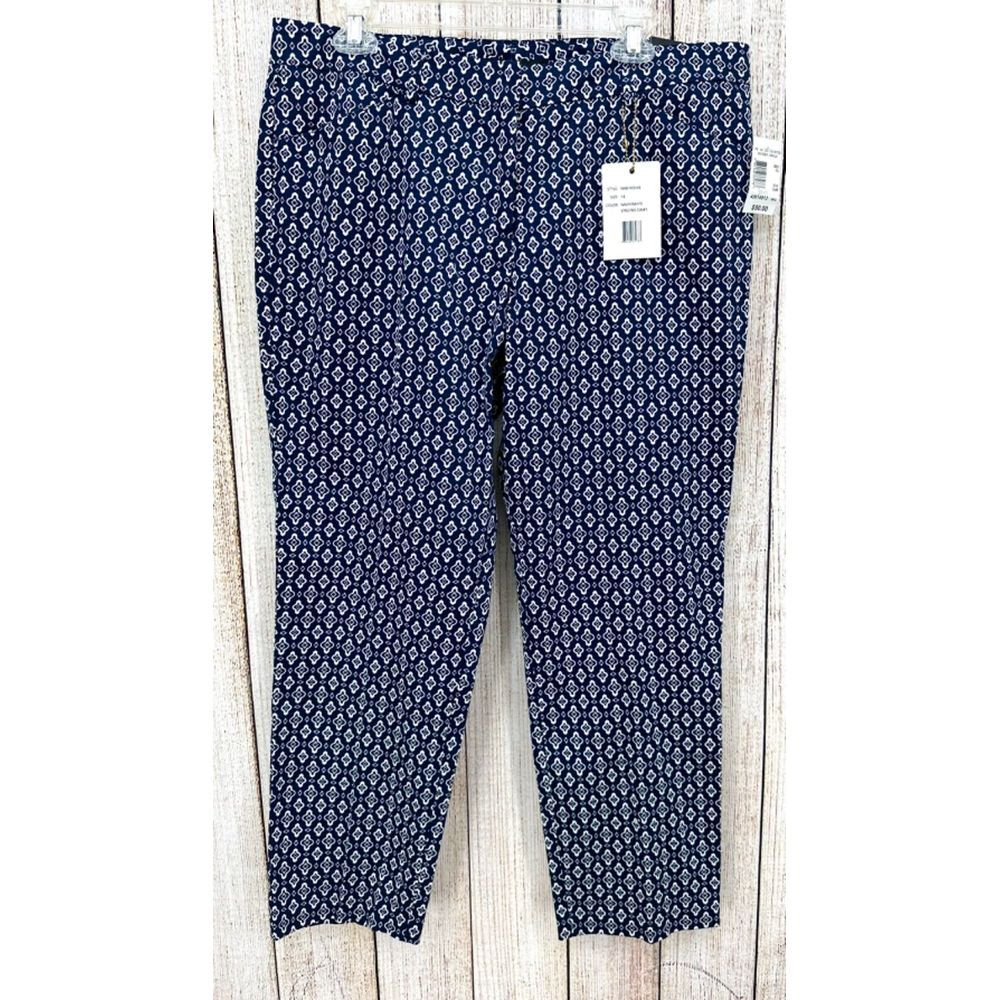 Zac & Rachel Pencil Pants Size 14 Geometric Printed Sateen Casual Ankle Navy NWT